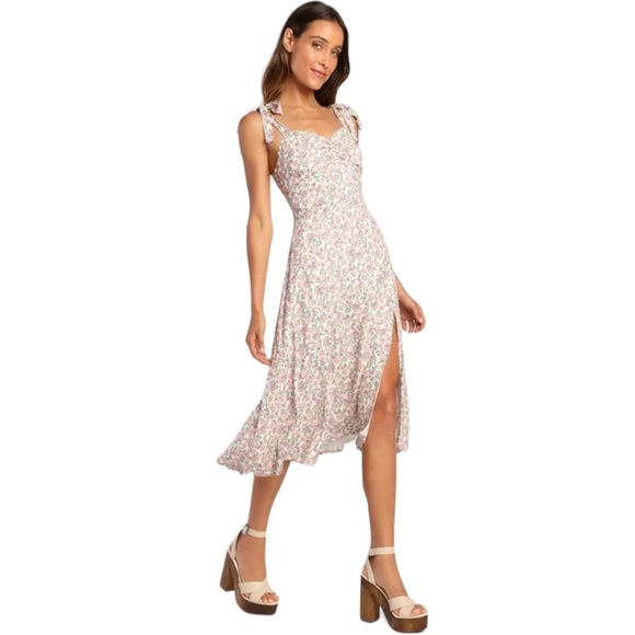 Lulus Dresses & Skirts - LULU’S | Floral Fete Ivory Floral Print Tie-Strap Midi Dress, Size Small